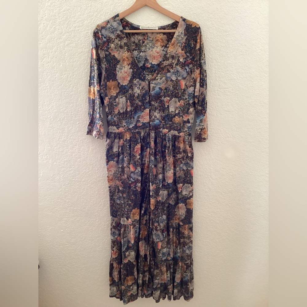 Peruvian Connection Floral Abstract Button Down Midi Maxi Jersey Dress